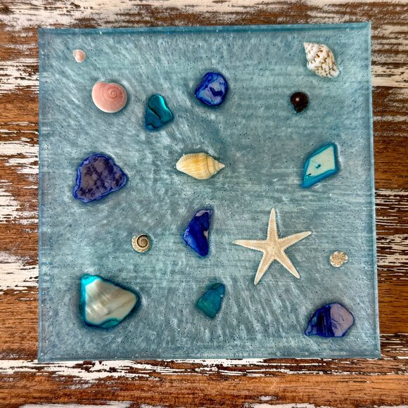 Starfish and Sea Shells Resin Drink Coasters Set of 4 Beach House Ocean Coastal - Picture 2 of 5